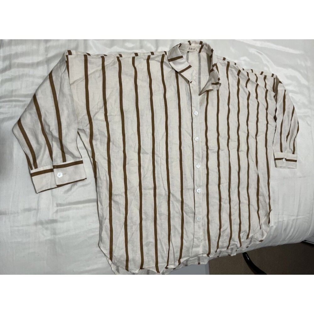 Solai Linen Blend Oversized Button Up Shirt Stripe White Brown Women M Lagenlook